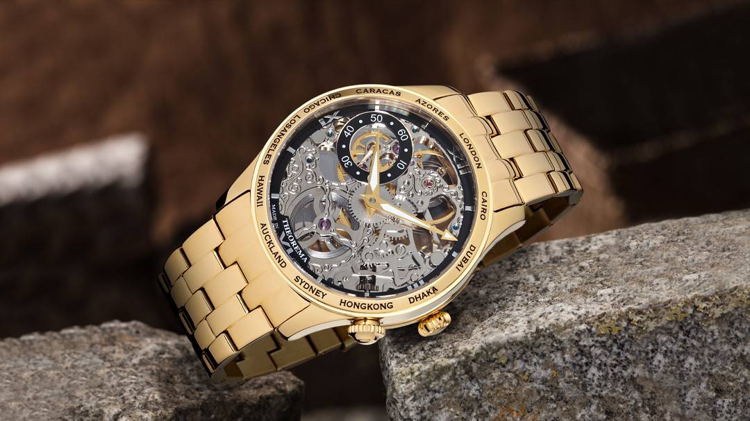 Tufina Monte Carlo by Theorema, Germany, skeleton watch for men with gold stainless steel bracelet