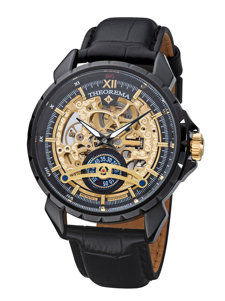 Black case, black leather band, with gold crown and skeletonized dial.