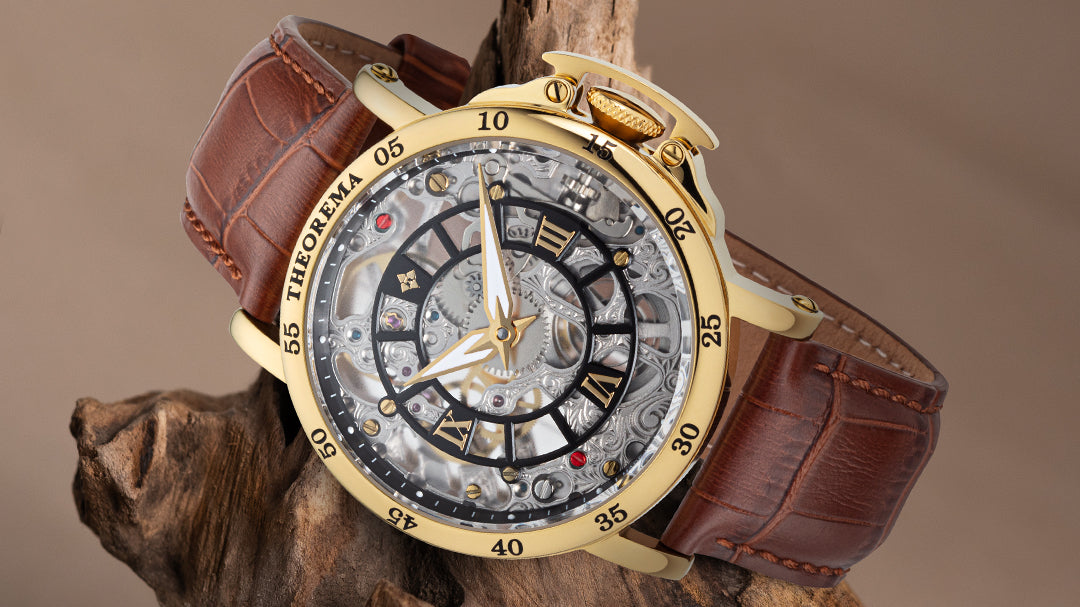 Photo showcasing the mechanical watch Made in Germany Sahara by Theorema in gold colors and brown leather band