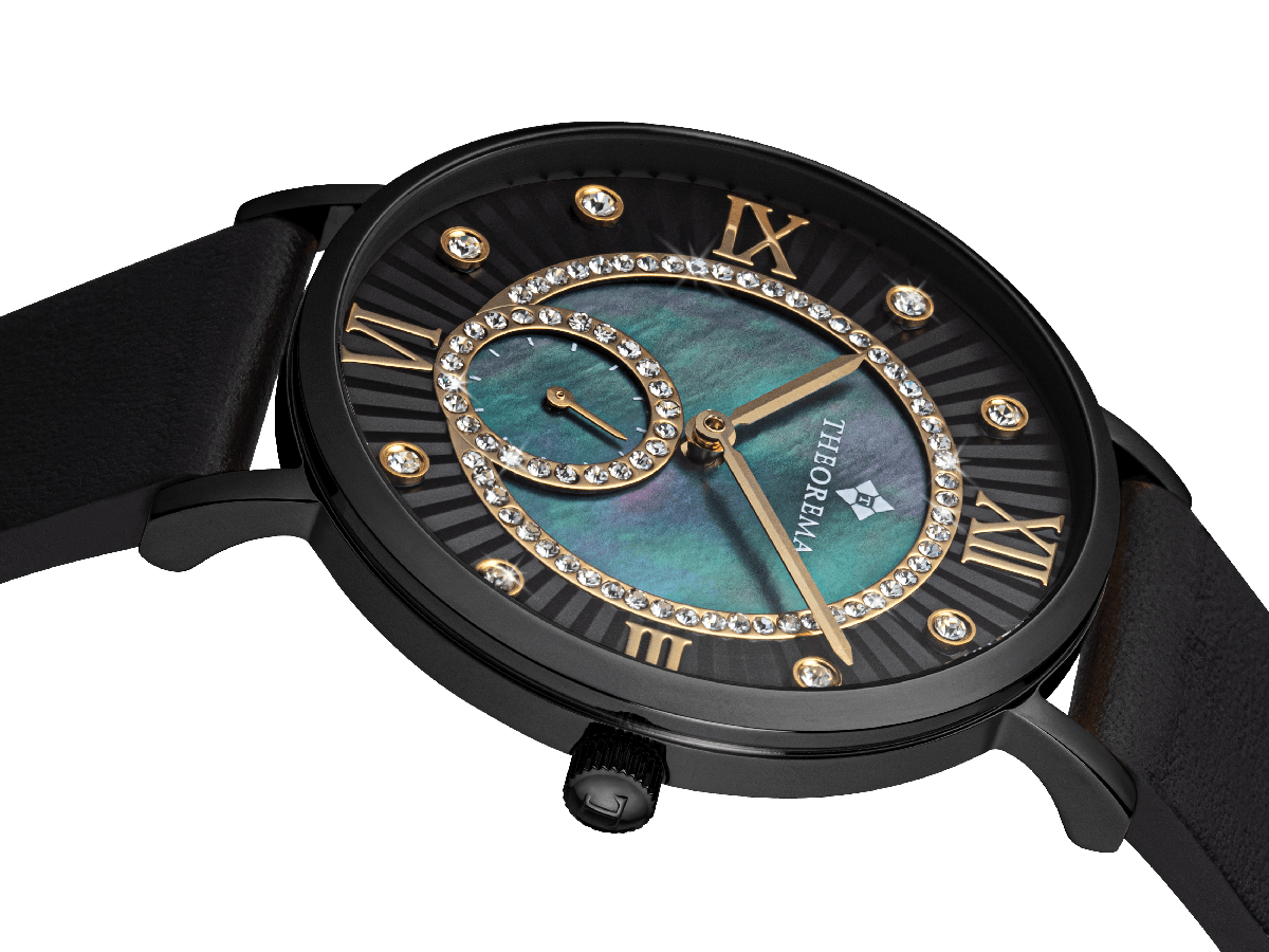 Close-up side view of the Theorema Aurora watch featuring a black case, a shimmering mother-of-pearl dial, Roman numerals in gold, and sparkling crystals outlining an elegant figure-eight subdial design. The watch is paired with a black leather strap.
