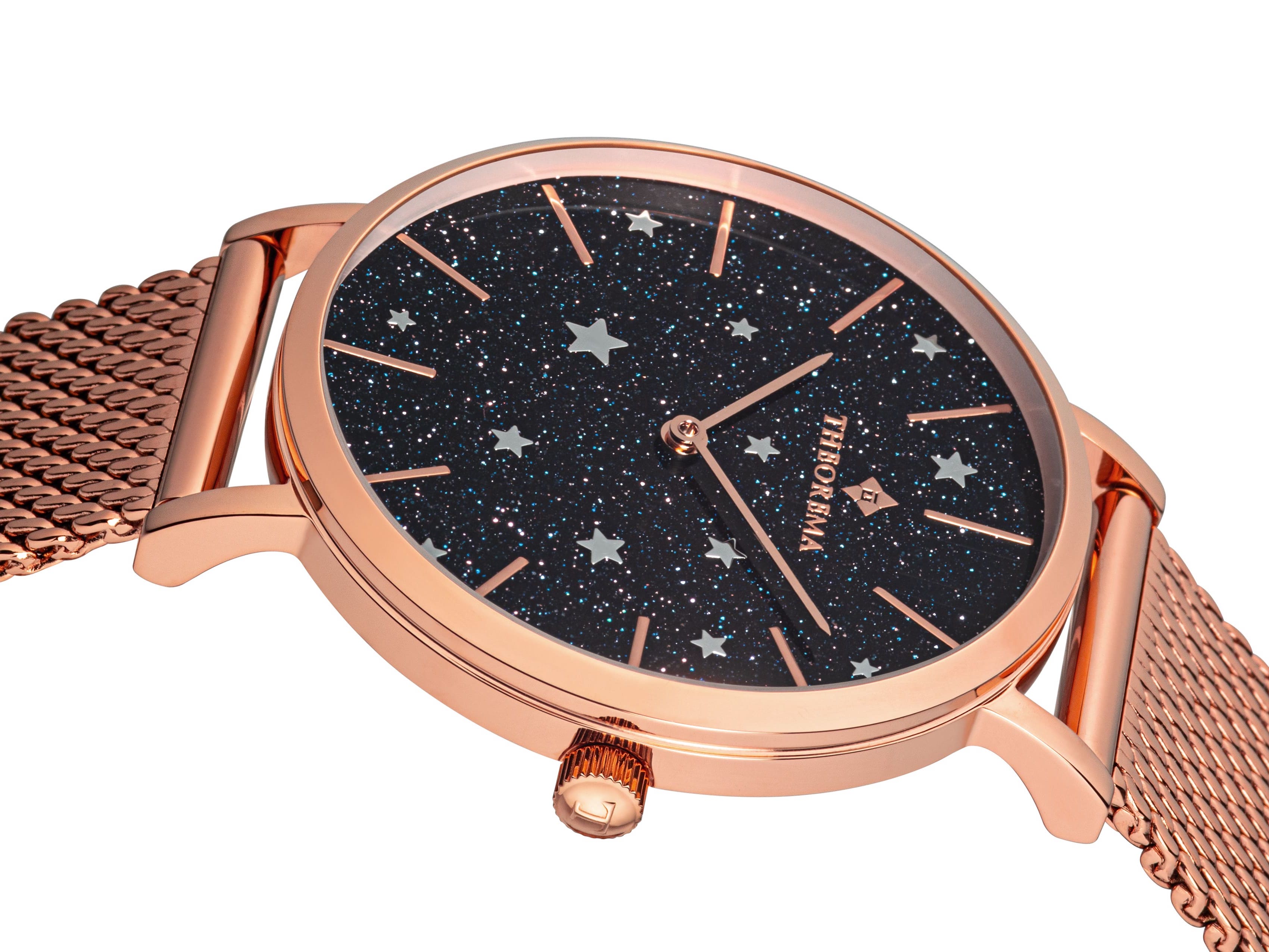 Full celestial dial with silver stars and rose sticks for markers.