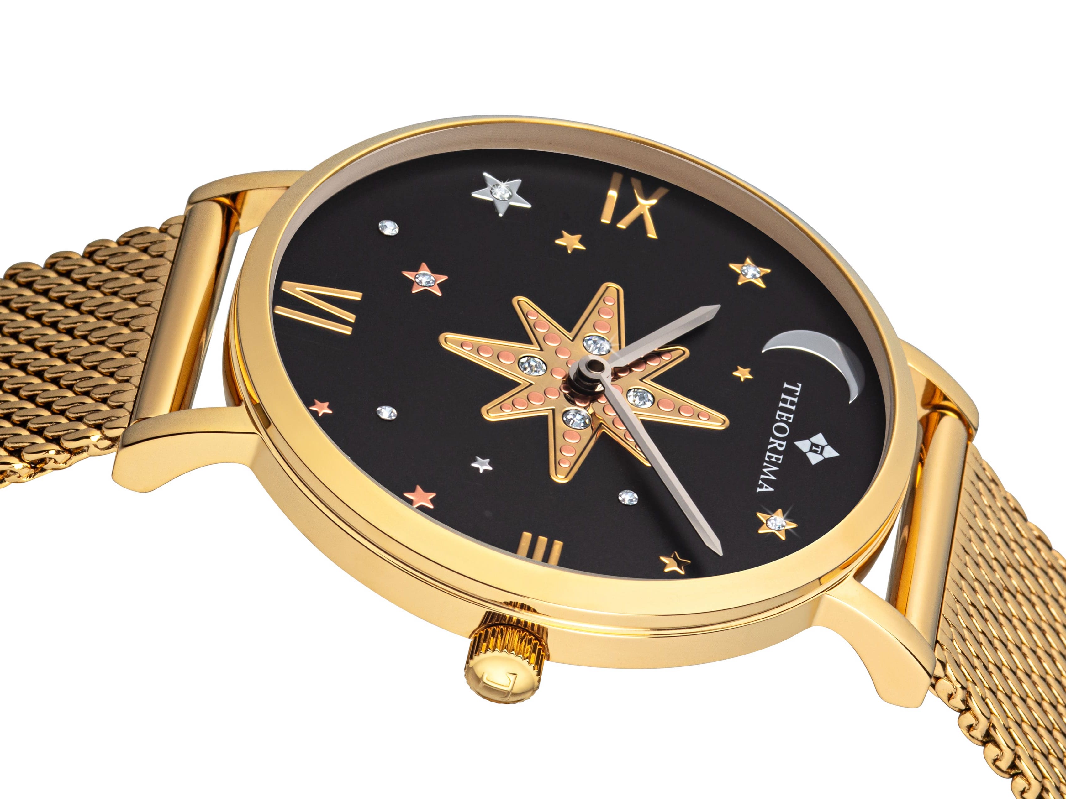 Black dial with stars on it and Swarovski crystals on it along two hands.