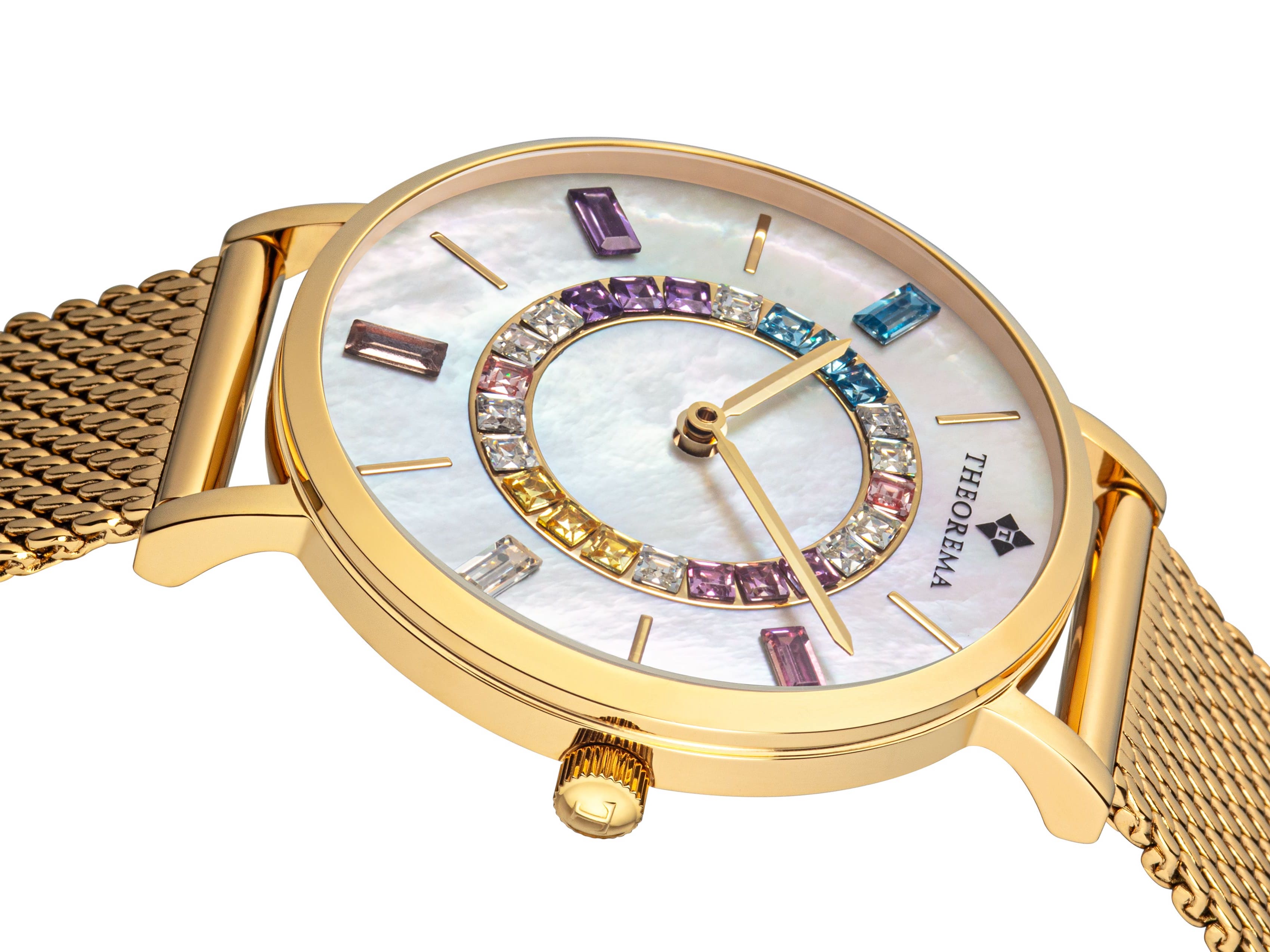 Different size of gem stones adorning the mother of pearl dial.