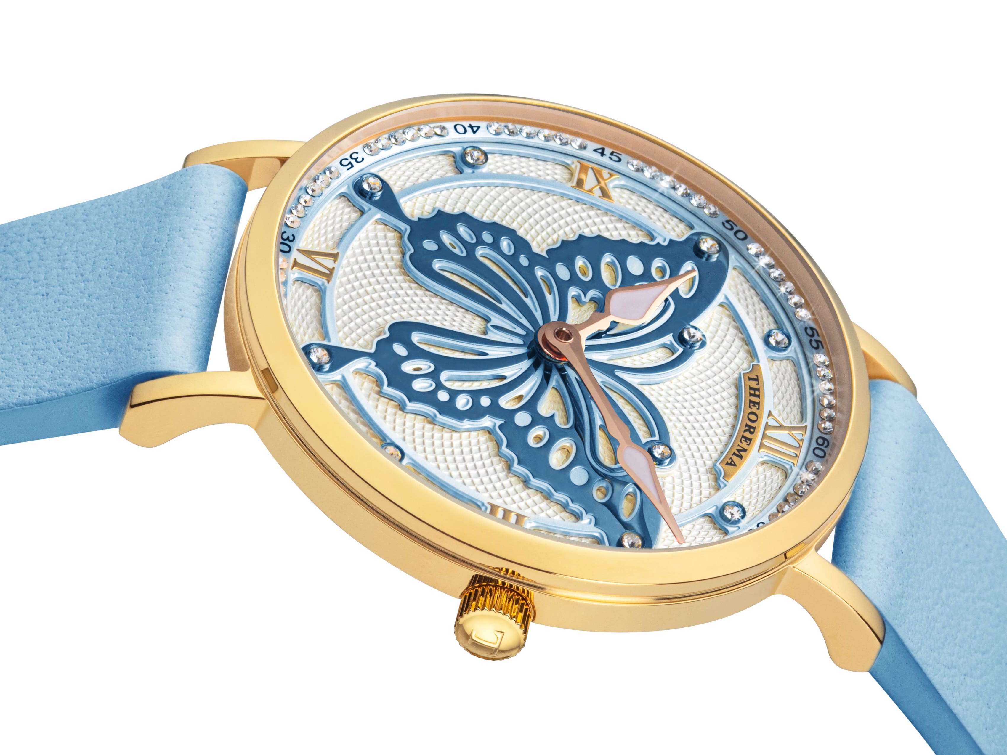 Big blue butterfly design on the center of the dial with Swarovski crystals.
