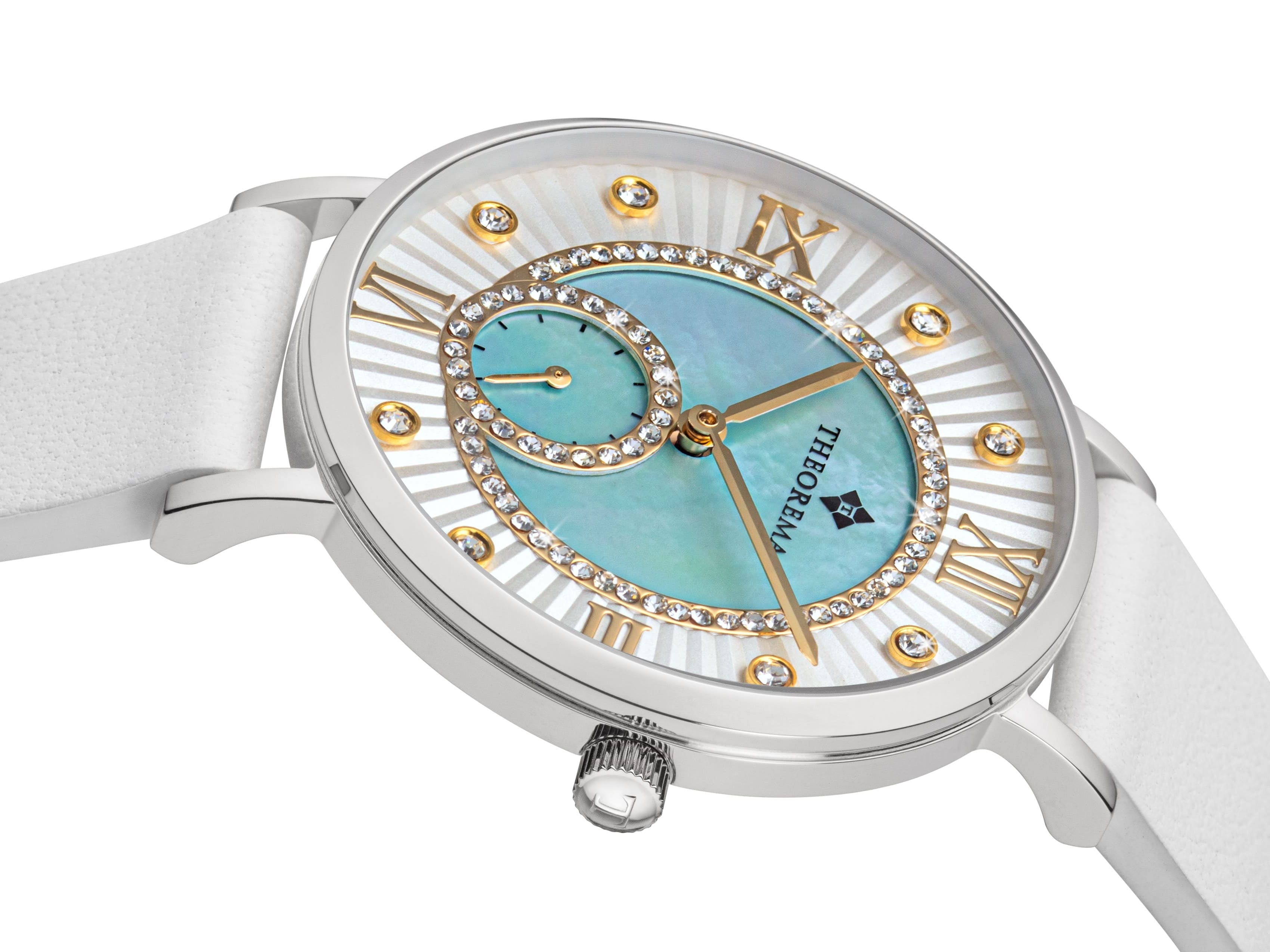 Three hands on the dial with gold color numeral and Swarovski as markers.