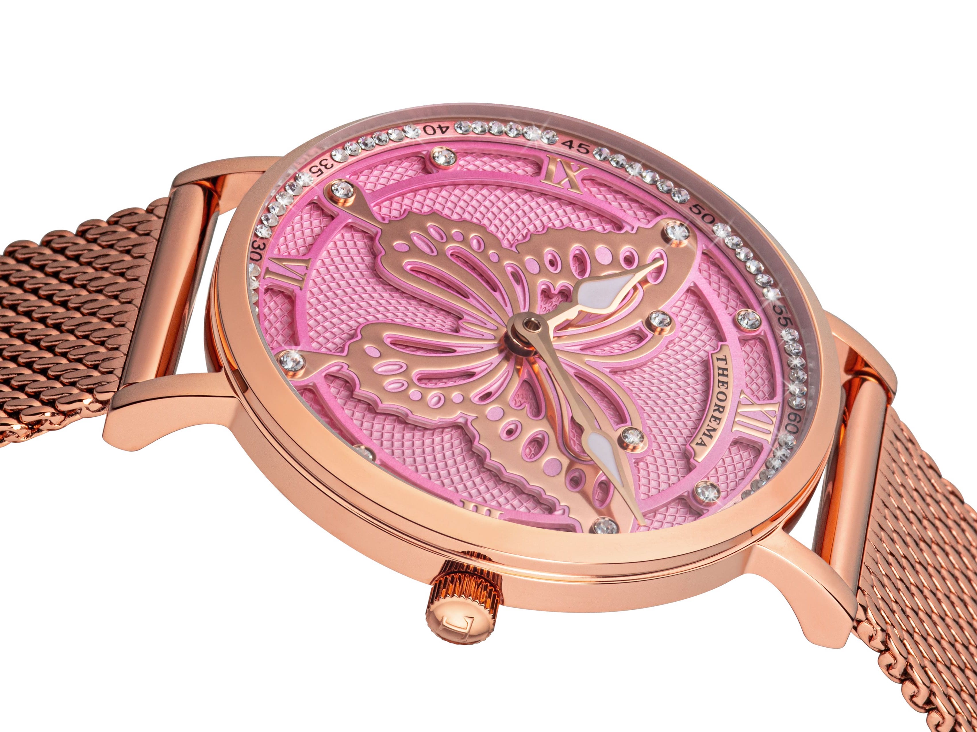 Superb design on an engraved pink background with a big butterfly in the middle.