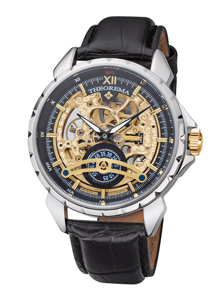 Silver case, black leather band, with silver crown and skeletonized dial.