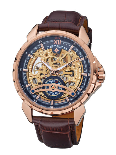 Rose color case with brown leather band in a sunny skeleton dial.