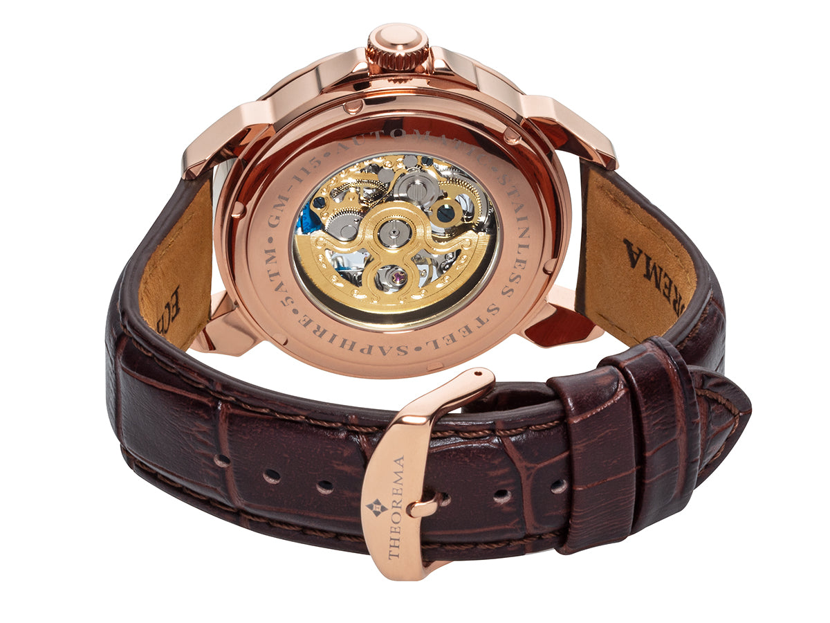 Standard buckle on the genuine leather band and open case to see the automatic movement.
