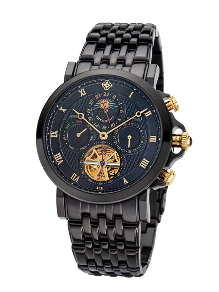 All black stainless steel with gold color Roman numerals and gold color Breguet hands.