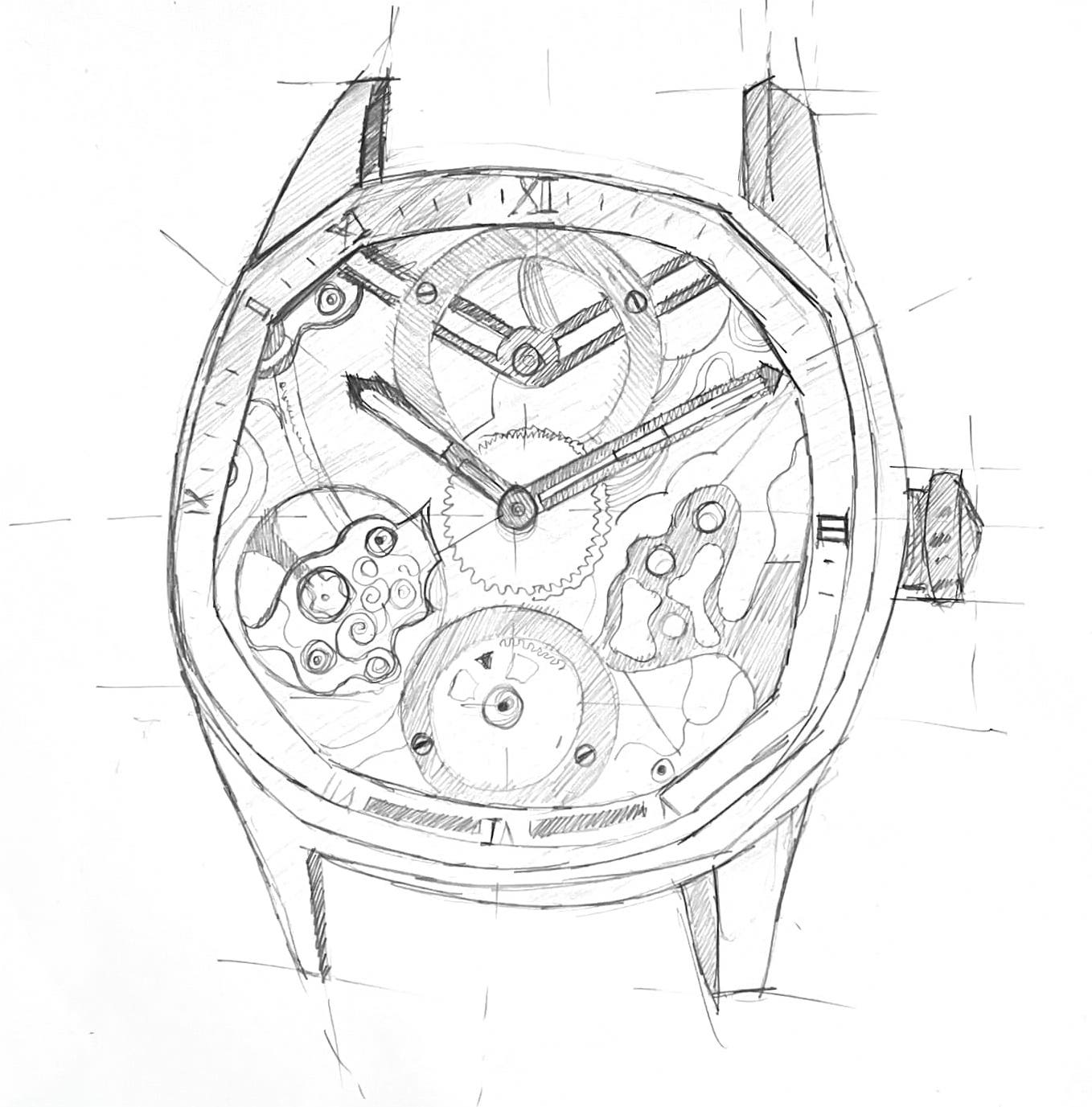 Black and white hand sketched with pencil the design of the Munich collection.