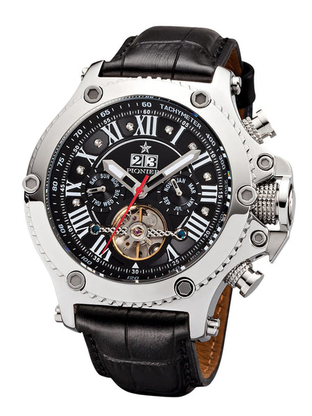 Frontal view of the automatic calendar New York Diamonds Pionier collection with black leather band.
