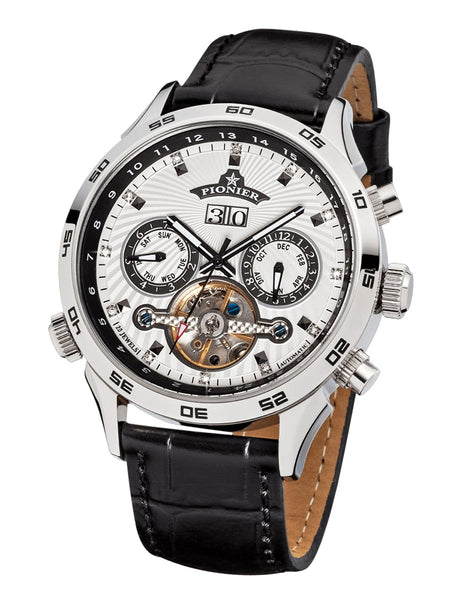 White dial with multi-tone pattern. Black genuine leather.