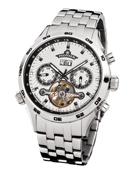 Multi tone white dial. All stainless steel watch with a big face.