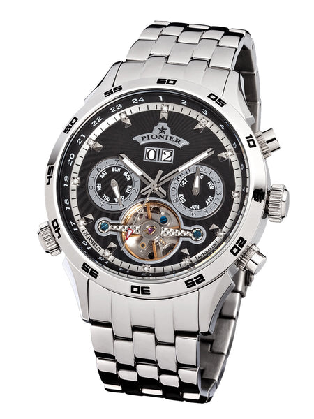 Frontal view of the Florida watch with black dial silver case and silver bracelet.