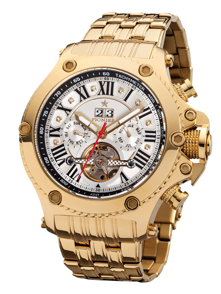 New York Pionier GM-511-10 white dial with diamonds and Roman numerals with gold case and stainless steel band.