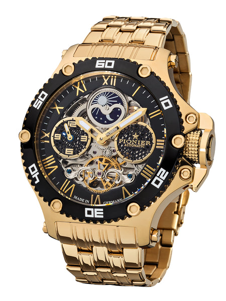 Gold color stainless steel bracelet with black bezel on top.