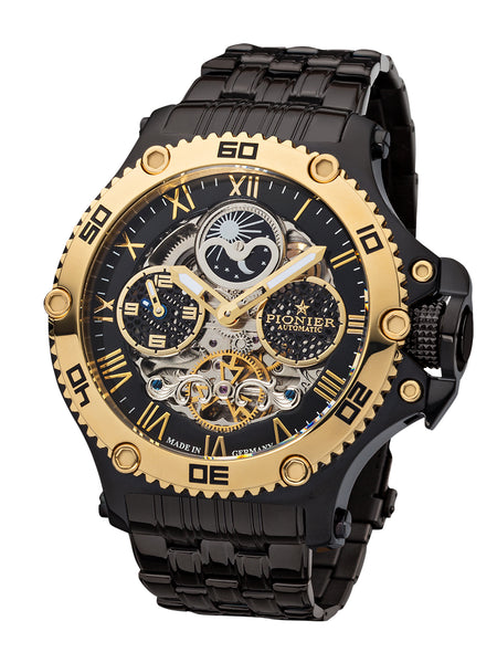 Big face watch with black stainless steel band and gold color bezel.