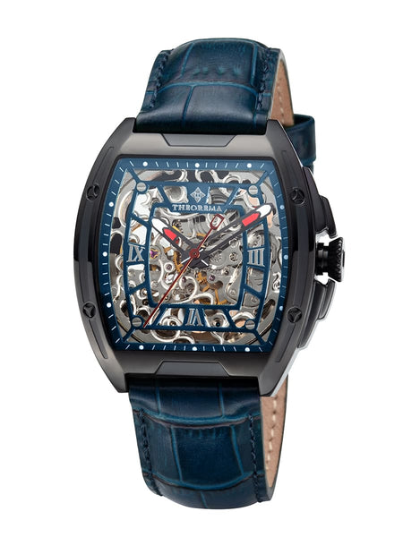 Silver dial in a see through design with skeletonized hands and Roman numerals.