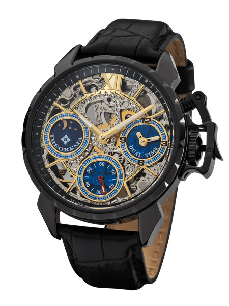 Oman Theorema mechanical watch GM-108-4. Three sub-dials for seconds, dual-time, and sun-moon phase.