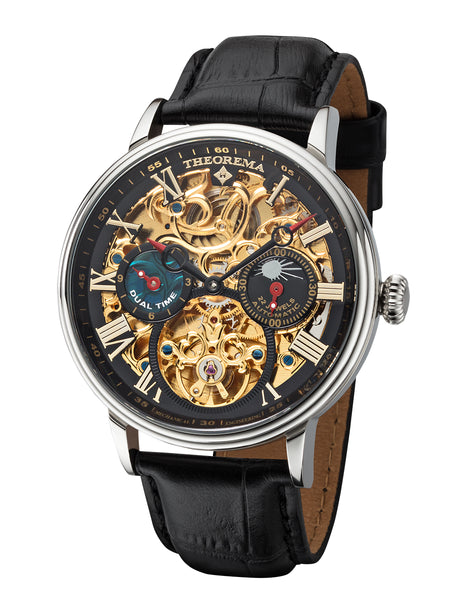 Gold color dial with silver case and black genuine leather.