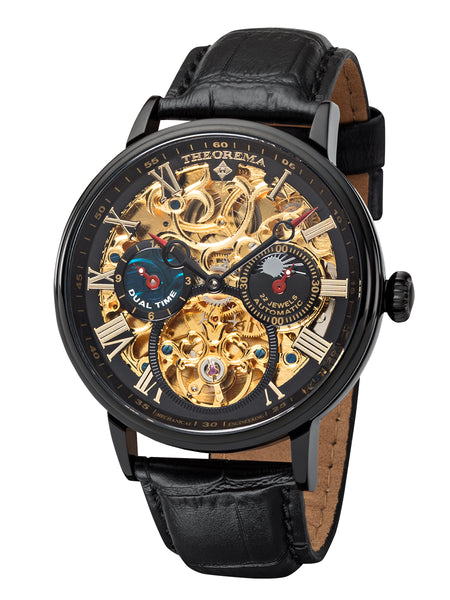 Skeletonized sunny dial with two sub dials for the dual time and sun-moon phase.