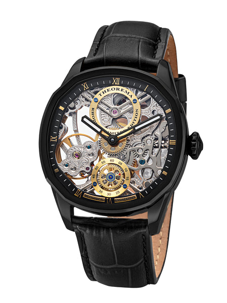 Mechanical hand-wind Munich collection timepiece with gold color seconds subdial.