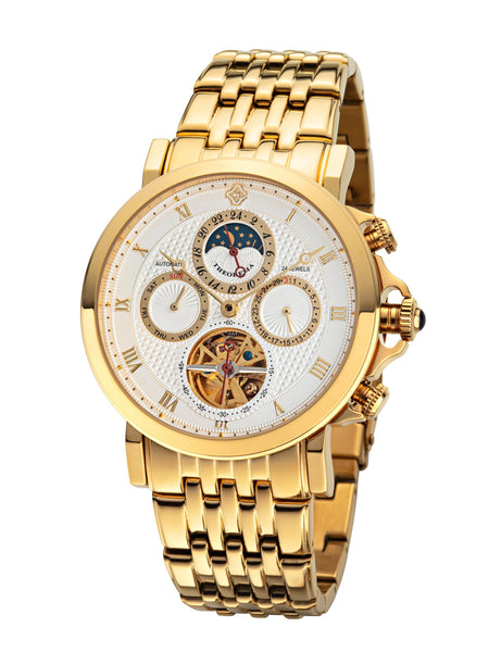 German-designed Theorema Macau watch in plated gold with intricate open-heart dial.