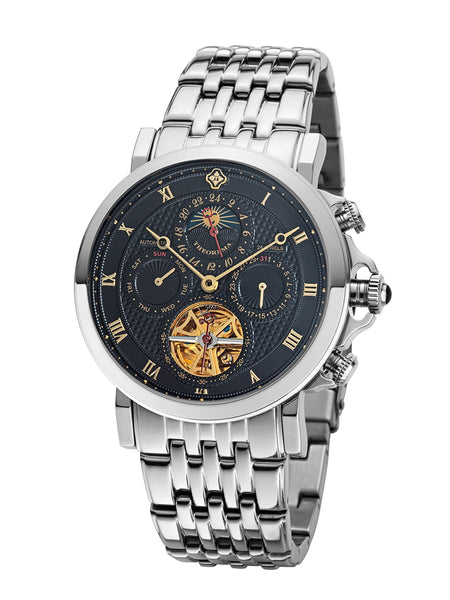 Stylish and sophisticated automatic wristwatch with moonphase display, calendar complications, and an eye-catching lookalike tourbillon—Macau model from Theorema's collection.