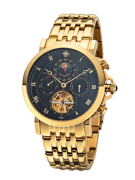 Detailed view of Theorema Macau's complex dial design, showcasing movement and complications.