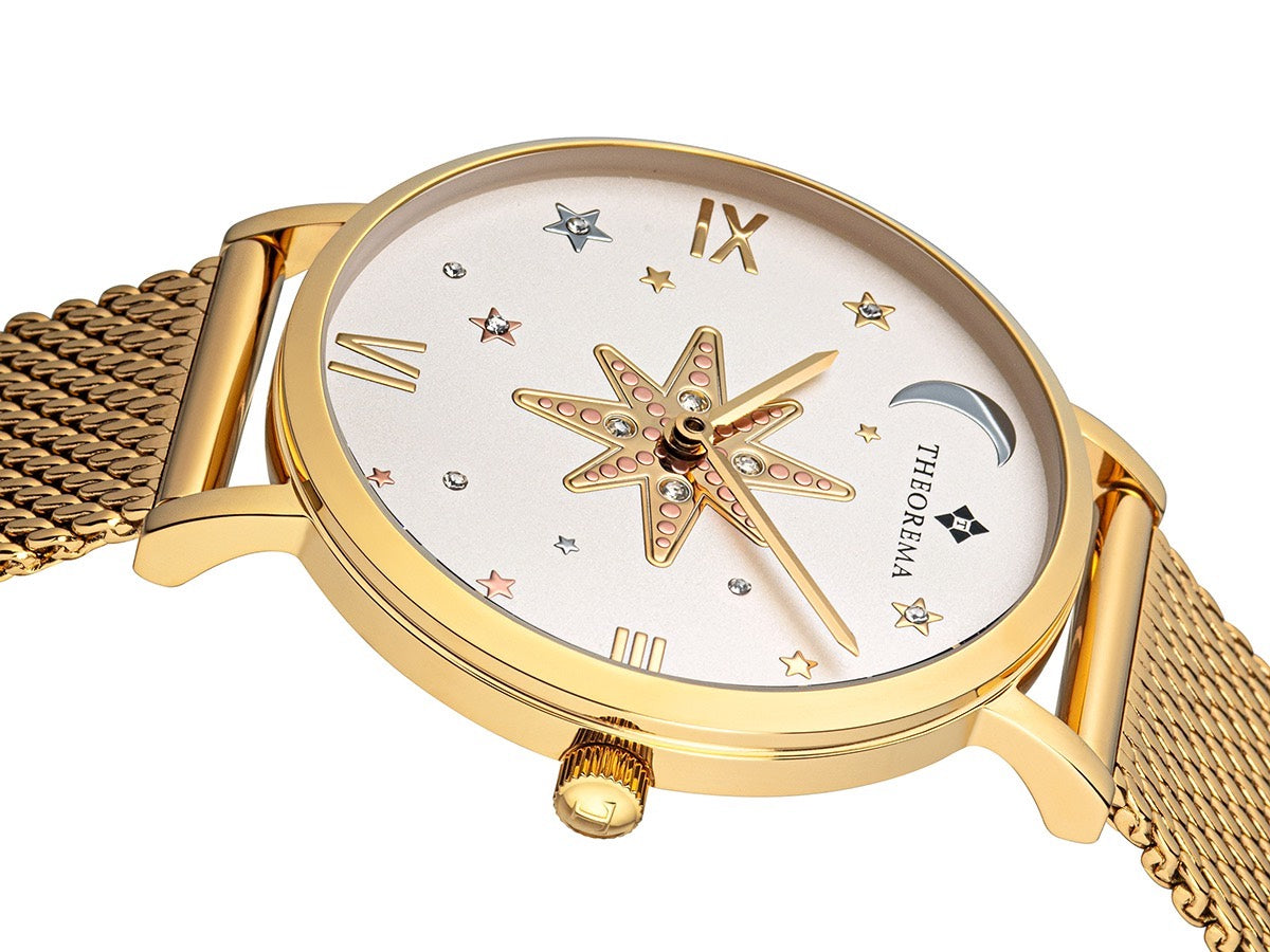 Stars and crystals adorn the dial with white background and Roman numerals.