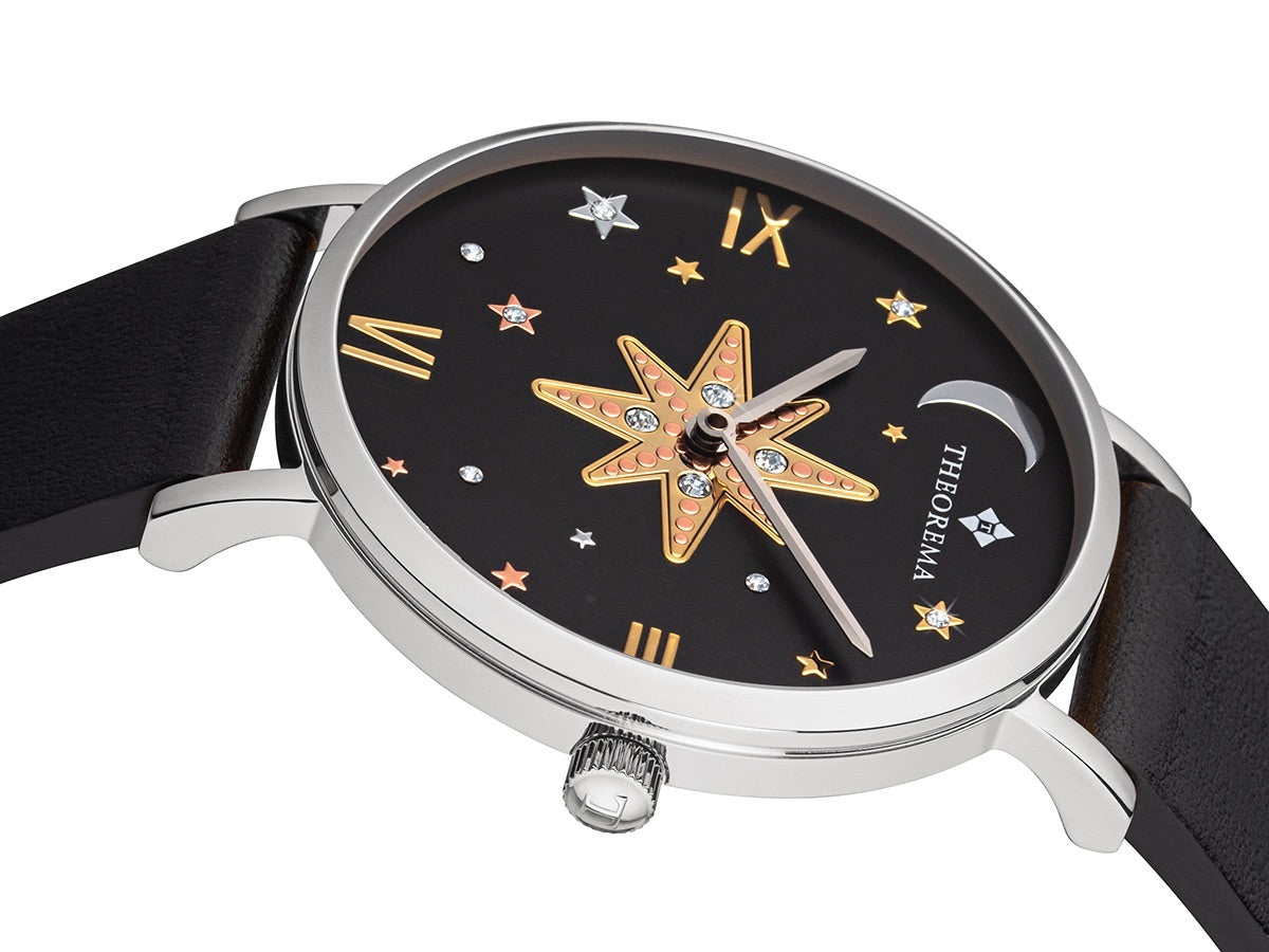 An octagram star in the middle adorned with Swarovski stars on the dial.