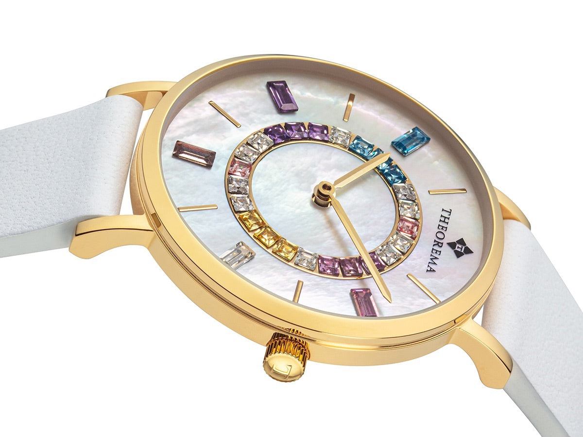 Theorema logo showing at 12 a clock and a T engraved on the crown for Theorema.