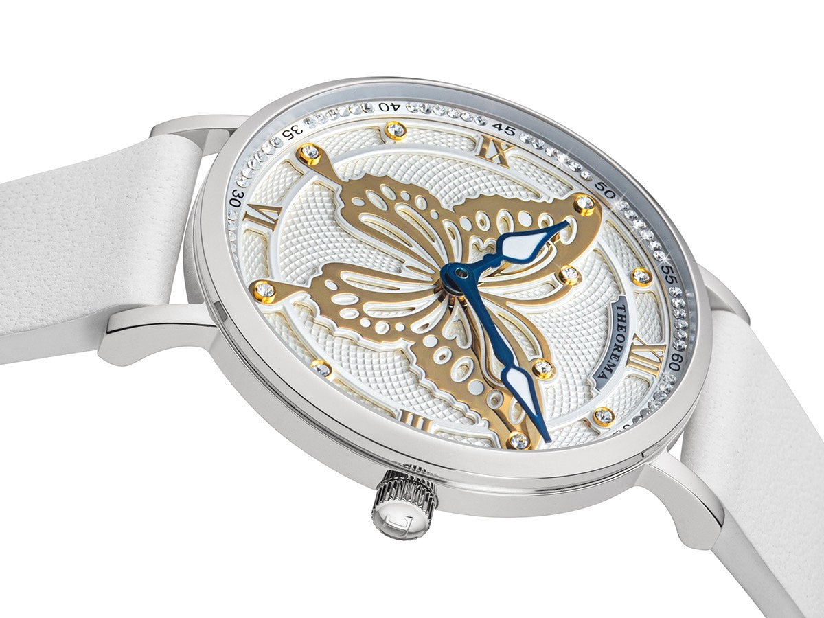 White dial multi tone with Roman numerals and Swarovski crystals as markers.