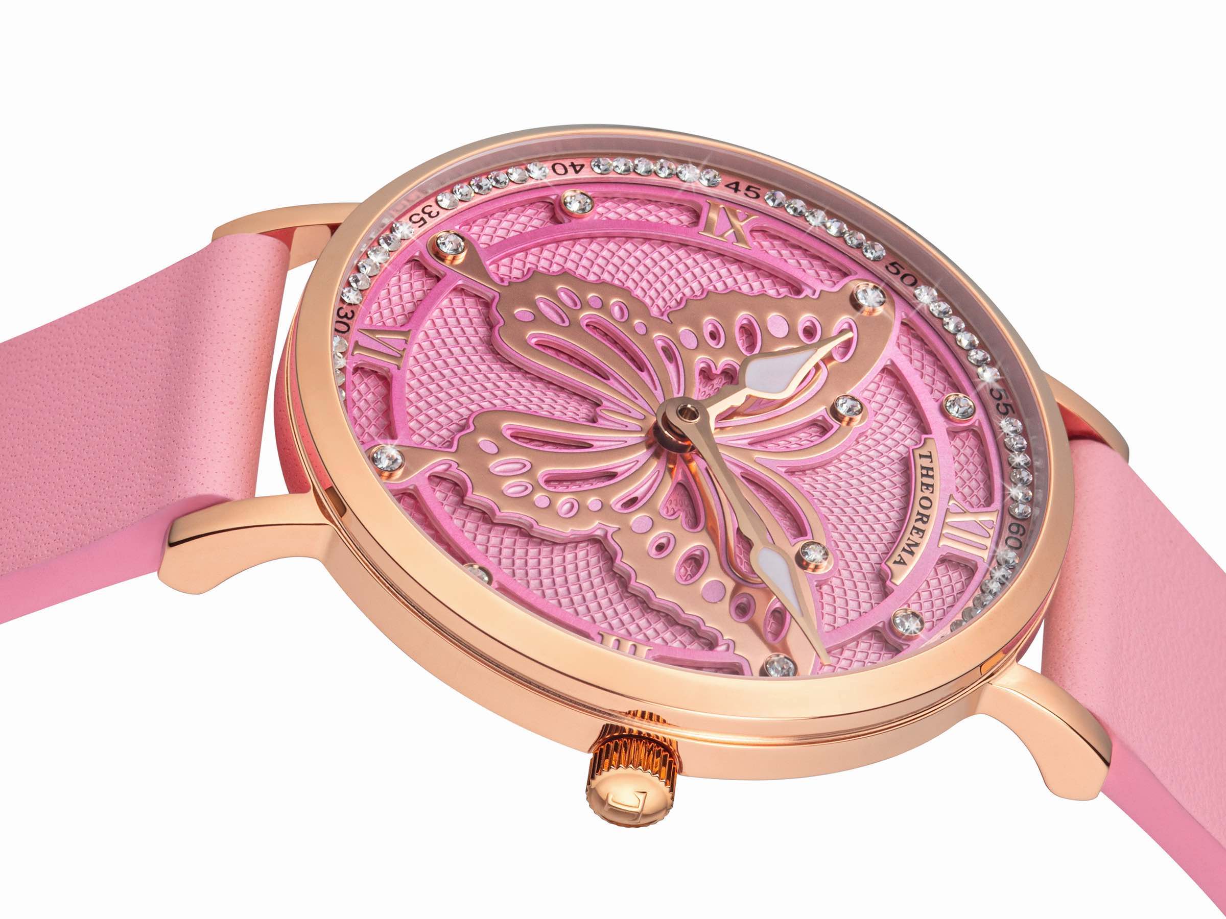All pink watch with rose hands, rose butterfly in the middle, rose leather band.