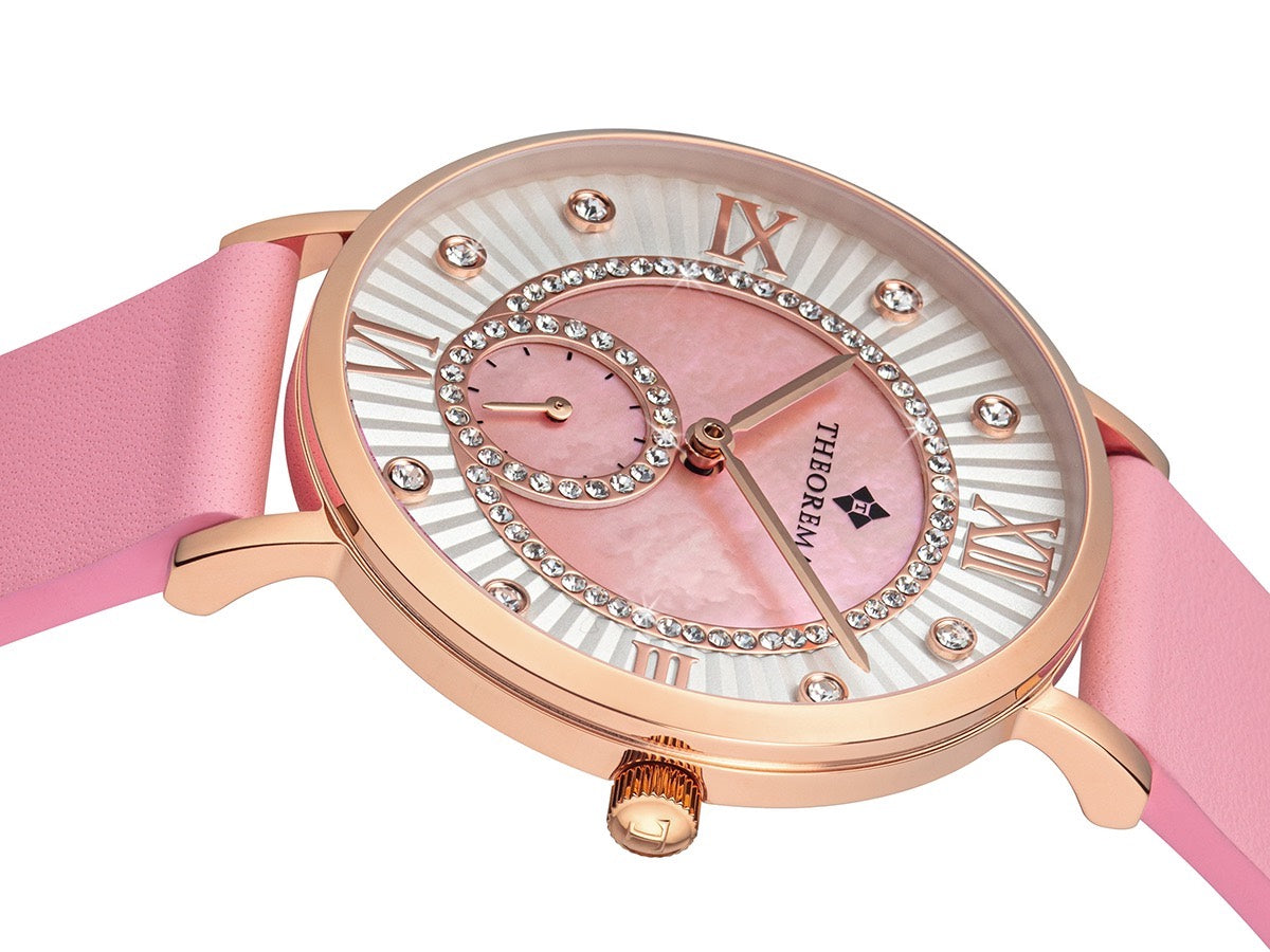 Pink and white mix on a ladies timepiece with Roman numerals and three rose hands.