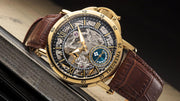 Photo of the Made in Germany Casablanca Theorema watch with gold case and brown leather mechanical skeleton for men