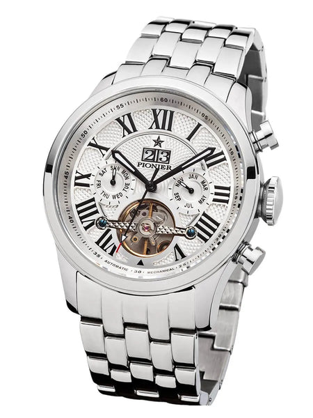 White dial with Roman numerals with silver case.