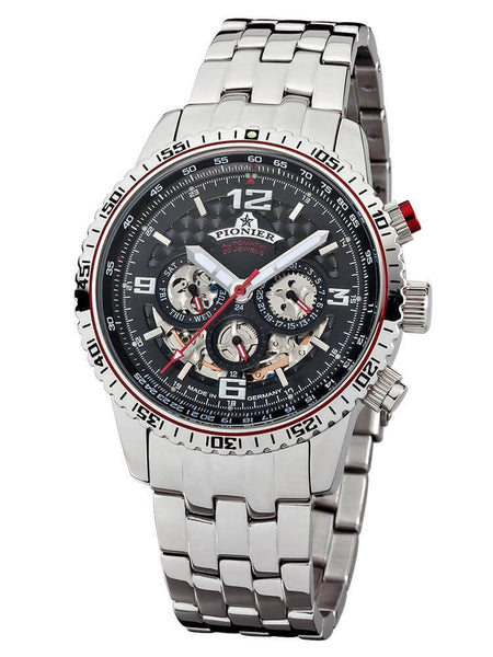 Barbados Pionier GM-509-6 black dial with silver case and stainless steel band.