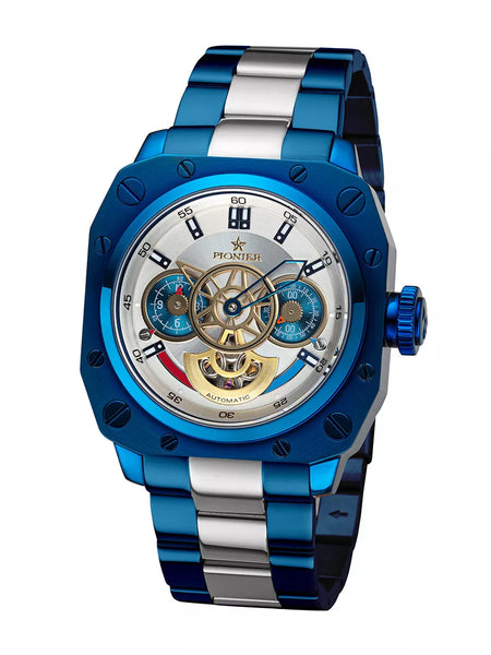 White dial with blue case and blue and silver stainless steel band.