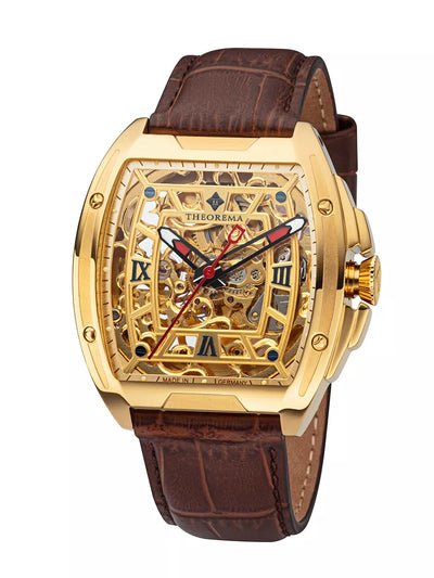 Red and white skeleton hands. Gold color skeleton dial. 4 screws on top of the case.