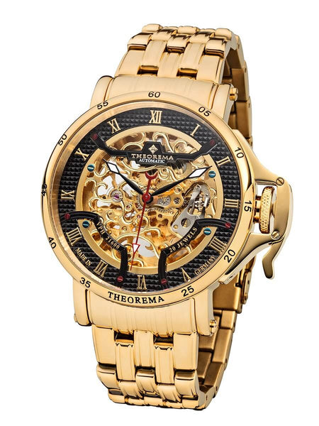 Gold color skeletonized dial with black bezel and roman numerals