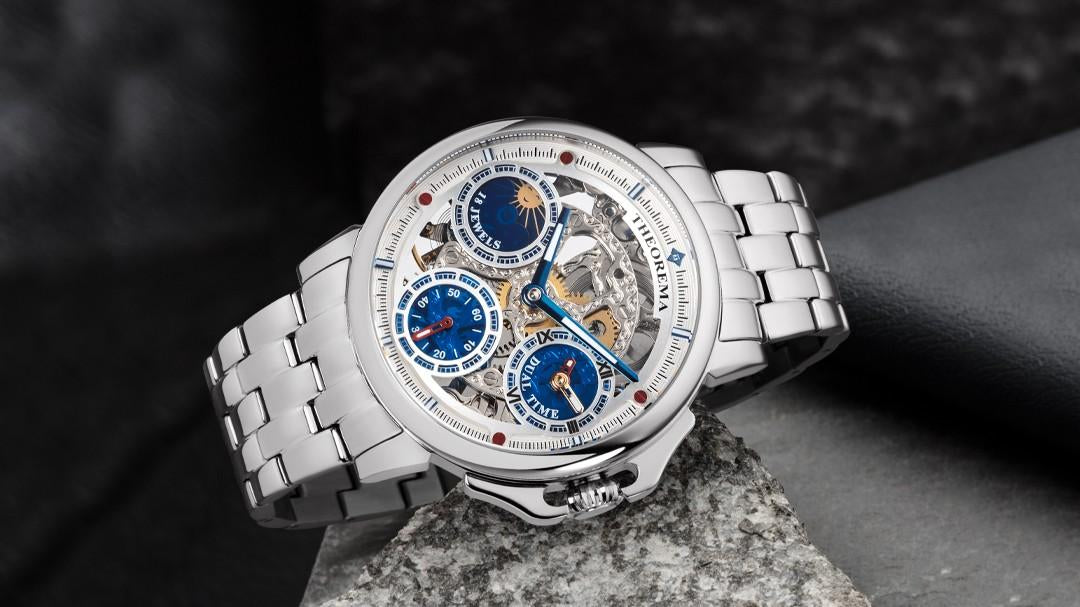 Tufina Theorema Buenos Aires mechanical watch for men with a dual-time function, see-through skeleton face, sun and moon phase, rose silver case and bracelet.