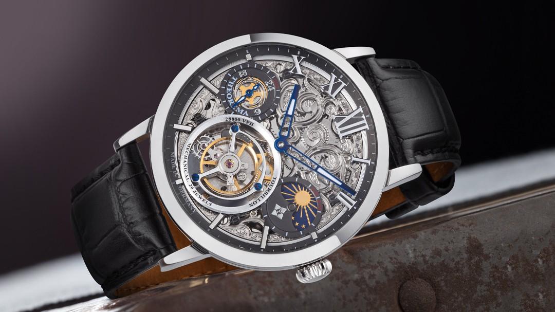 Tufina Zurich Tourbillon Black tourbillon watch for men, mechanical tourbillon with a GMT function, skeleton dial, leaf hands and a black leather band