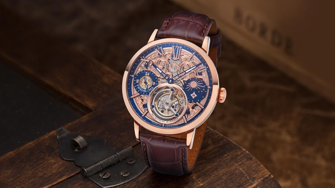 Tufina Theorema Zurich Tourbillon GM-901-4 Rose skeleton tourbillon for men, multi-function tourbillon with a rose gold skeleton dial, brown leather band, sapphire crystal lens, onion crown, 28800 VPH in-house movement