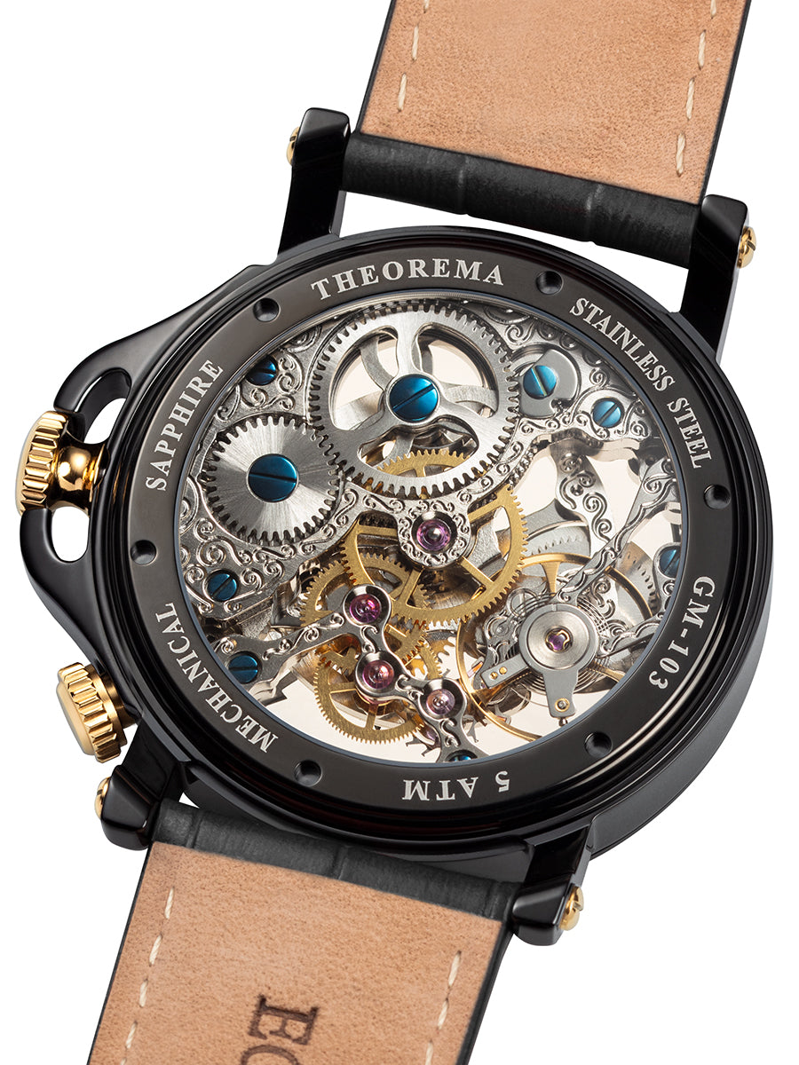 Open back with sapphire glass to view all the mechanical gears inside.