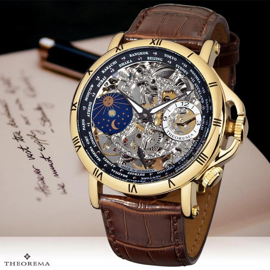 Brown genuine leather with a silver skeleton see-through dial.
