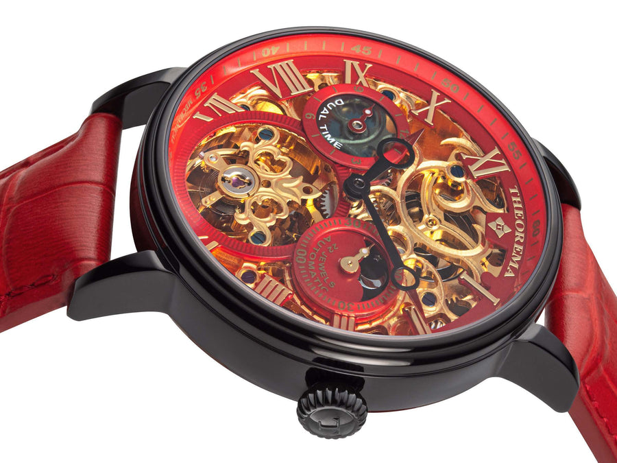A watch with black case with black crown and red genuine leather band.