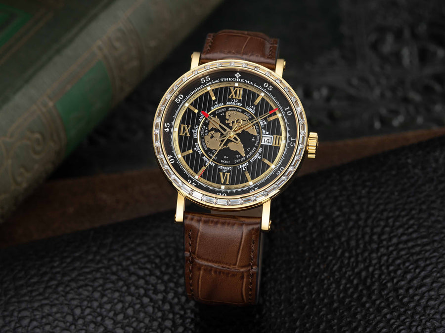 36 crystals on the bezel with gold case and black dial with brown leather.