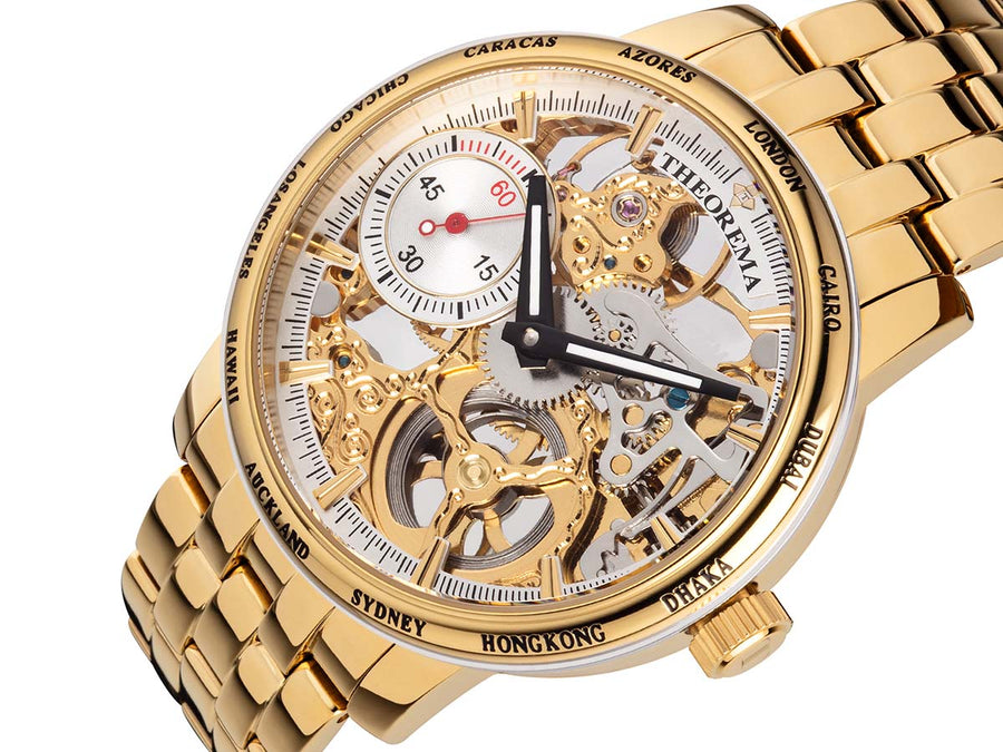 Skeleton watch see through the dial with gold color and winding system.